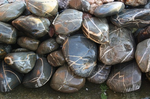 Kamenclub.ru: Валунчик Паутинник фр.100-300 мм  купить в Пензе крупный природный камень галечник темно-серый с прожилками белый черный речной валунчик 5000 руб/т   фото КАМЕНЬ КЛУБ